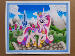 Size: 4032x3024 | Tagged: safe, artist:maximustimaeus, imported from derpibooru, princess cadance, alicorn, pony, cloud, cobblestone street, colored pencil drawing, crystal empire, female, happy, hooves, mare, mountain, road, snow, solo, traditional art, tree, vector used