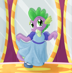 Size: 2000x2005 | Tagged: safe, artist:sixes&sevens, imported from derpibooru, spike, dragon, carousel boutique, clothes, crossdressing, curtsey, cute, dress, male, mary janes, mirror, shoes, smiling, socks, solo, spikabetes