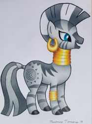 Size: 3005x4007 | Tagged: safe, artist:maximustimaeus, imported from derpibooru, zecora, pony, zebra, base used, colored pencil drawing, ear piercing, earring, female, hooves, jewelry, mare, neck rings, piercing, simple background, solo, traditional art, white background, xebra