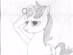 Size: 2557x1934 | Tagged: safe, artist:beerpony, imported from derpibooru, oc, oc only, oc:apathia, pony, unicorn, black and white, deadpan, female, grayscale, mare, monochrome, rainbow dash salutes, reddit, salute, simple background, traditional art