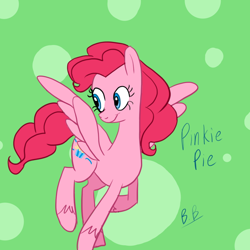 Size: 800x800 | Tagged: safe, artist:bobi200, imported from derpibooru, pinkie pie, pegasus, pony, leak, spoiler:g5, female, g5, g5 concept leak style, g5 concept leaks, pegasus pinkie pie, pinkie pie (g5 concept leak), pinkie pie (g5), race swap, redesign, simple background, smiling, solo, spread wings, wings