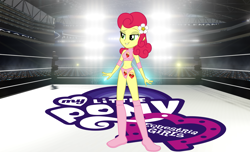 Size: 2875x1746 | Tagged: safe, artist:cloudy glow, artist:cloudyglow, artist:marcusvanngriffin, imported from derpibooru, strawberry sunrise, equestria girls, bedroom eyes, belly button, boots, clothes, cutie mark on human, elbow pads, equestria girls logo, equestria girls-ified, female, flower, flower in hair, grin, midriff, shoes, shorts, smiling, solo, sports, sports bra, sports shorts, tattoo, wrestler, wrestling, wrestling ring