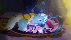 Size: 1414x790 | Tagged: safe, artist:itsnatcherx, imported from derpibooru, trixie, twilight sparkle, alicorn, colored wings, female, lesbian, shipping, twilight sparkle (alicorn), twixie, wings