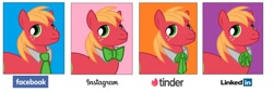 Size: 1280x442 | Tagged: safe, artist:90sigma, artist:disneymarvel96, edit, imported from derpibooru, vector edit, big macintosh, pony, bowtie, dolly parton challenge, facebook, instagram, linkedin, male, meme, necktie, ribbon bow tie, solo, string tie, tinder, vector