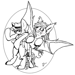 Size: 2312x2336 | Tagged: safe, artist:lucas_gaxiola, imported from derpibooru, oc, oc only, oc:charmed clover, bat pony, pony, bat pony oc, bipedal, duo, female, grin, gun, hat, lineart, male, mare, monochrome, not fluttershy, signature, simple background, smiling, spread wings, stallion, sunglasses, weapon, white background, wings