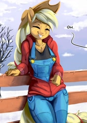 Size: 1414x2000 | Tagged: safe, alternate version, artist:fidzfox, imported from derpibooru, applejack, anthro, earth pony, bait and switch, buttons, clothes, cute, eyes closed, female, fence, grin, jackabetes, mare, nipple outline, overalls, smiling, solo, speech, text, troll