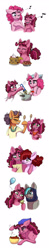 Size: 700x3567 | Tagged: safe, artist:celestial-rainstorm, imported from derpibooru, pinkie pie, saffron masala, oc, oc:birthday bash, oc:cherry chimichanga, oc:diamond, pony, blueberry, food, muffin, offspring, older, pancakes, parent:cheese sandwich, parent:party favor, parent:pinkie pie, parent:roseluck, parents:cheesepie, pasta, pie, pot, spaghetti, spoon, strawberry, whipped cream