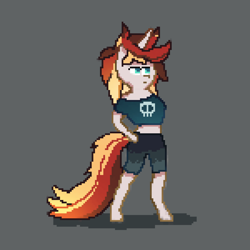 Size: 1920x1920 | Tagged: safe, artist:kitty_love, imported from derpibooru, oc, oc only, oc:scarlet serenade, semi-anthro, unicorn, bipedal, clothes, female, hooves, mare, midriff, pixel art, punk, shirt, short shirt, shorts, skull, solo, sprite, standing, stomach, ych result