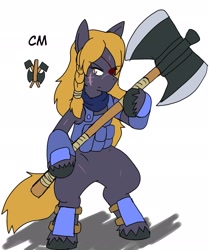 Size: 1716x2048 | Tagged: safe, artist:omegapony16, imported from derpibooru, oc, oc only, oc:oriponi, pony, armor, axe, battle axe, bipedal, braid, eyepatch, female, frown, hoof hold, mare, scar, simple background, solo, text, translated in the description, translation request, unshorn fetlocks, weapon, white background