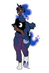 Size: 540x810 | Tagged: safe, artist:blackshirtboy, imported from derpibooru, princess luna, human, pony, clothes, glasses, hoof shoes, human to pony, pants, ripping clothes, shirt, simple background, socks, solo, transformation, white background