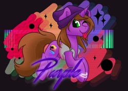 Size: 2070x1470 | Tagged: safe, artist:cadetredshirt, imported from derpibooru, oc, oc only, oc:purple, pony, unicorn, accessories, accessory, badge, bracelet, clothes, digital art, glowstick, jewelry, jumping, long mane, long tail, looking at you, male, one eye closed, purple, solo, stallion, synthwave, tongue out, vaporwave, vest, wink