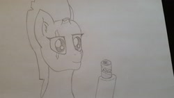 Size: 3264x1836 | Tagged: safe, artist:firestarter, imported from derpibooru, tempest shadow, pony, can, eye scar, female, scar, sketch, solo, tempest stole my drink, traditional art