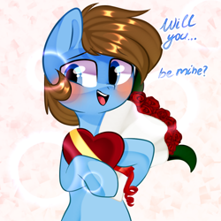 Size: 1000x1000 | Tagged: safe, artist:thieftea, imported from derpibooru, oc, oc only, oc:dimi, earth pony, pony, blushing, bouquet, box of chocolates, flower, looking at you, solo, ych result