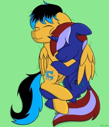 Size: 1000x1170 | Tagged: safe, artist:exobass, imported from derpibooru, oc, oc:anny tr3e, oc:starbass, pegasus, pony, unicorn, commission, cuddling, cute, happy, hug, male, winghug