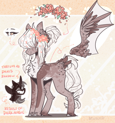 Size: 1172x1262 | Tagged: safe, artist:mcwolfity, imported from derpibooru, oc, oc only, bat pony, pony, bat pony oc, eye, eyes, female, floral head wreath, flower, grin, hair over eyes, hoof fluff, mare, reference sheet, smiling, wings