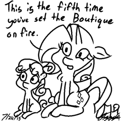Size: 500x500 | Tagged: safe, artist:ozzyg, imported from derpibooru, rarity, sweetie belle, pony, unicorn, female, filly, mare, monochrome, pyro belle, siblings, sisters, sitting