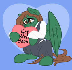 Size: 1132x1098 | Tagged: safe, artist:cadetredshirt, imported from derpibooru, oc, oc only, pegasus, pony, clothes, colored, flat colors, get well soon, glasses, heart, heart pillow, looking offscreen, pillow, shy, simple background, sitting, skirt, solo, vest, wings, ych result