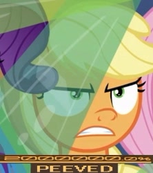 Size: 230x259 | Tagged: safe, edit, edited screencap, imported from derpibooru, screencap, applejack, fluttershy, rarity, the ending of the end, 200% mad, applejack is not amused, caption, cropped, expand dong, exploitable meme, image macro, meme, peeved, solo focus, unamused