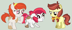 Size: 1624x684 | Tagged: safe, artist:strawberry-spritz, imported from derpibooru, oc, oc:api apple, oc:audine tone, oc:butterscotch blossom, earth pony, pony, base used, blank flank, bow, derp, female, filly, frown, gray background, grin, hair bow, hairband, interdimensional siblings, laughing, offspring, parent:apple bloom, parent:pipsqueak, parents:pipbloom, piebald coat, piebald colouring, raised hoof, simple background, smiling, unamused