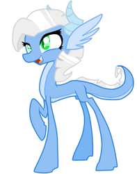 Size: 653x828 | Tagged: safe, artist:mcwolfity, imported from derpibooru, oc, oc only, oc:sapphire shard, dracony, dragon, hybrid, pony, female, interspecies offspring, offspring, open mouth, parent:rarity, parent:spike, parents:sparity, raised hoof, simple background, smiling, solo, white background