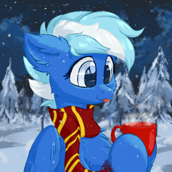 Size: 1024x1024 | Tagged: safe, artist:oblique, imported from derpibooru, oc, oc only, oc:exobass, pegasus, pony, :p, blue, cheek fluff, chest fluff, clothes, commission, cup, cute, ear fluff, forest, scarf, snow, snowfall, solo, tongue out, winter, ych result