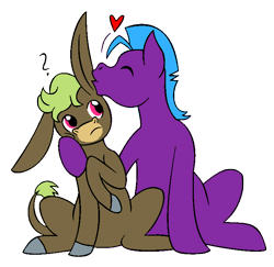 Size: 714x693 | Tagged: safe, artist:chili19, imported from derpibooru, oc, oc only, oc:patrick, oc:rufus, earth pony, pony, colored hooves, donkey oc, earth pony oc, eyes closed, gay, kissing, male, oc x oc, question mark, shipping, simple background, sitting, stallion, transparent background