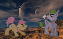 Size: 1105x677 | Tagged: safe, artist:chili19, imported from derpibooru, oc, oc only, oc:maurus, oc:orange sky, earth pony, pony, angry, colt, desert, duo, earth pony oc, eyes closed, male, moon, tongue out, traditional art