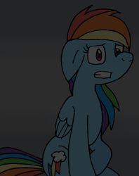 Size: 612x774 | Tagged: safe, artist:cmara, imported from derpibooru, rainbow dash, pegasus, pony, dark, female, floppy ears, gradient background, gray background, mare, raised hoof, sitting, solo