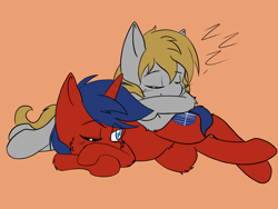 Size: 2048x1536 | Tagged: safe, artist:larrykitty, artist:php156, imported from derpibooru, oc, oc only, pegasus, pony, unicorn, laying on pony, lying on pony, on side, one eye closed, onomatopoeia, request, side, simple background, sleeping, sound effects, zzz