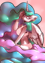 Size: 2480x3508 | Tagged: safe, artist:lrusu, imported from derpibooru, princess celestia, alicorn, anthro, breasts, clothes, female, looking at you, looking back, looking back at you, sitting, solo, underwear