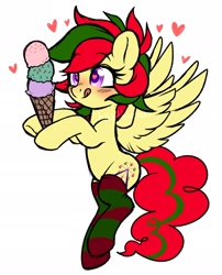 Size: 1789x2209 | Tagged: safe, artist:hawthornss, imported from derpibooru, oc, oc only, oc:attraction, pegasus, pony, clothes, femboy, food, heart, heart eyes, ice cream, licking, licking lips, male, socks, solo, striped socks, tongue out, trap, wingding eyes, wings