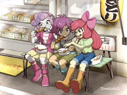 Size: 2048x1534 | Tagged: safe, artist:babtyu, imported from derpibooru, apple bloom, scootaloo, sweetie belle, bird, chicken, equestria girls, boots, clothes, cutie mark crusaders, eating, female, food, japan, japanese, jeans, meat, meatball, pants, shoes, shorts, sitting, skirt, trio, yakitori