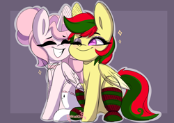 Size: 7014x4962 | Tagged: safe, artist:sakukitty, imported from derpibooru, oc, oc only, oc:attraction, oc:saku, alicorn, pegasus, clothes, cute, happy, nuzzling, ocbetes, smiling, socks, striped socks