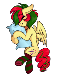 Size: 1000x1300 | Tagged: safe, artist:cottonsweets, imported from derpibooru, oc, oc only, oc:attraction, pegasus, pony, clothes, femboy, hug, male, pillow, pillow hug, sleeping, socks, solo, striped socks