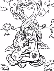 Size: 1600x2086 | Tagged: safe, artist:jamestkelley, imported from derpibooru, big macintosh, sugar belle, earth pony, unicorn, 30 minute art challenge, apple, apple tree, cloud, couple, cute, female, heart, holding hooves, intertwined trees, lineart, love, male, mare, monochrome, orchard, pear tree, shipping, smiling, stallion, straight, sugarmac, sweet apple acres, tree