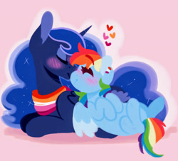 Size: 1600x1453 | Tagged: safe, artist:bubaiuv, imported from derpibooru, princess luna, rainbow dash, alicorn, pegasus, blushing, clothes, female, heart, lesbian, lesbian pride flag, lunadash, lying down, nuzzling, pride, pride flag, scarf, shipping