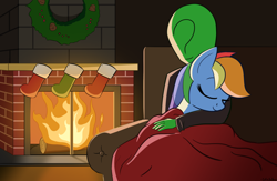 Size: 2300x1503 | Tagged: safe, artist:infrayellow, imported from derpibooru, rainbow dash, oc, oc:anon, christmas, clothes, cuddling, fire, fireplace, holiday, snuggling, stockings, thigh highs