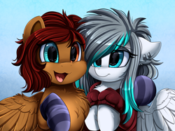 Size: 2379x1783 | Tagged: safe, artist:pridark, imported from derpibooru, oc, oc only, pegasus, pony, bust, chest fluff, clothes, commission, duo, happy, heterochromia, open mouth, portrait, smiling, socks, striped socks