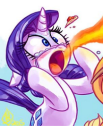 Size: 496x606 | Tagged: safe, artist:whitediamonds, imported from derpibooru, applejack, rarity, pony, unicorn, cropped, crying, fire, fire breathing pony, offscreen character, open mouth, solo focus