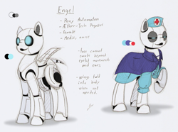 Size: 1265x940 | Tagged: safe, artist:ravenpuff, imported from derpibooru, oc, oc only, oc:engel, pony, robot, robot pony, roan rpg, clothes, duo, glowing eyes, hat, nurse, nurse outfit, raised hoof, reference sheet, text, wings