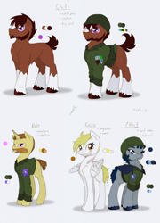 Size: 1420x1975 | Tagged: safe, artist:ravenpuff, imported from derpibooru, oc, oc only, oc:cause, oc:clyde, oc:dale, oc:effect, bat pony, earth pony, pegasus, pony, unicorn, roan rpg, bat pony oc, earth pony oc, female, grin, helmet, horn, male, mare, pegasus oc, reference sheet, smiling, stallion, text, unicorn oc, unshorn fetlocks, wings