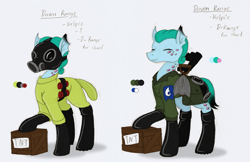 Size: 1387x899 | Tagged: safe, artist:ravenpuff, imported from derpibooru, oc, oc only, oc:down range, kelpie, roan rpg, clothes, duo, explosives, eyes closed, female, gas mask, hazmat suit, latex, latex boots, mask, reference sheet, smiling, text, tnt