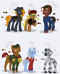 Size: 1611x1997 | Tagged: safe, artist:ravenpuff, imported from derpibooru, oc, oc only, oc:annette, oc:clear skies, oc:ice pearl, oc:lotus, oc:newbie, oc:sergeant, bat pony, kelpie, pony, unicorn, zebra, roan rpg, bat pony oc, clothes, female, frown, glasses, hat, horn, male, mare, reference sheet, stallion, text, unicorn oc, zebra oc