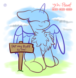 Size: 2496x2560 | Tagged: safe, artist:kimjoman, artist:php142, imported from derpibooru, alicorn, pegasus, pony, unicorn, any species, chest fluff, commission, cute, eyes closed, female, male, sign, sitting, solo, spread wings, text, wings, ych sketch, your character here