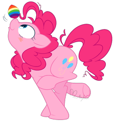 Size: 974x1023 | Tagged: safe, artist:hyperfixatins, artist:pillsburries, imported from derpibooru, pinkie pie, earth pony, pony, balancing, easter egg, female, mare, ms paint, ponies balancing stuff on their nose, rainbow colors, raised leg, simple background, smiling, solo, transparent background, underhoof