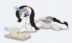 Size: 1092x659 | Tagged: safe, artist:ravenpuff, imported from derpibooru, oc, oc only, oc:shield mare, pony, unicorn, blushing, book, eye reflection, eye scar, female, glowing horn, horn, magic, mare, prone, reading, reflection, scar, simple background, solo, telekinesis, torn ear, unicorn oc, white background