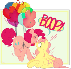 Size: 1643x1597 | Tagged: safe, artist:hyperfixatins, artist:pillsburries, imported from derpibooru, fluttershy, pinkie pie, earth pony, pegasus, pony, balloon, boop, dialogue, female, floating, flutterpie, flying, heart, heart balloon, lesbian, mare, ms paint, noseboop, prone, shipping, sitting, surprise boop, then watch her balloons lift her up to the sky, tongue out