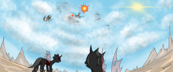 Size: 4096x1714 | Tagged: safe, artist:skydreams, imported from derpibooru, changeling, airship, badlands, celestial dawn, explosion, lightning, mountain, mountain range, red changeling, royal equestrian skyguard