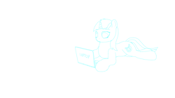 Size: 1920x1080 | Tagged: safe, artist:astralr, imported from derpibooru, lyra heartstrings, pony, unicorn, computer, female, laptop computer, lineart, mare, monochrome, prone, solo