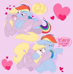 Size: 2048x2078 | Tagged: safe, artist:hyperfixatins, artist:pillsburries, imported from derpibooru, derpy hooves, rainbow dash, pegasus, pony, aderpose, blushing, chubby, chubby dash, comic, cute, dashabetes, derpabetes, derpydash, dialogue, don't talk to me or my son ever again, fat, female, heart, hug, lesbian, shipping